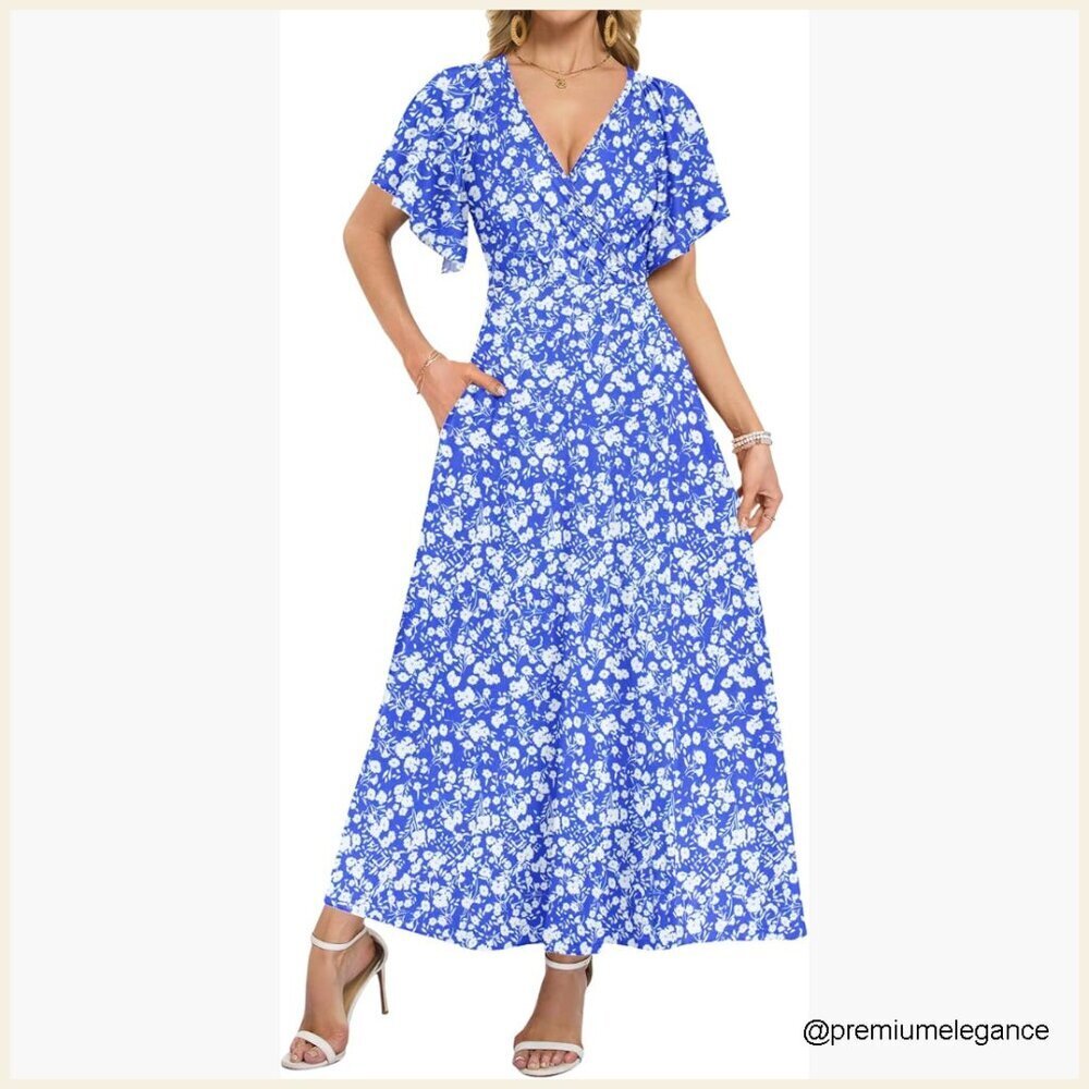 Maxi Wrap Dress with Ruffled Sleeves Deep V-Neck Pockets Formal Summer